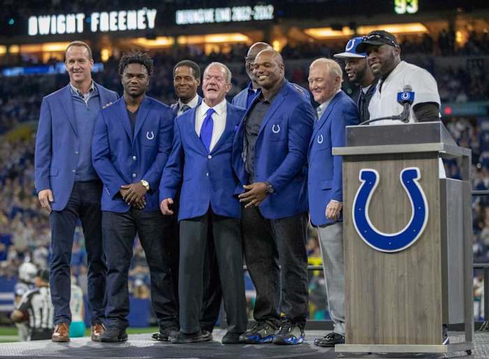 Colts Ring of Honor recipients surround Dwight Freeney (fourth from right), the newest recipient, Miami Dolphins at Indianapolis Colts, Sunday, Nov. 10, 2019. Dolphins At Colts